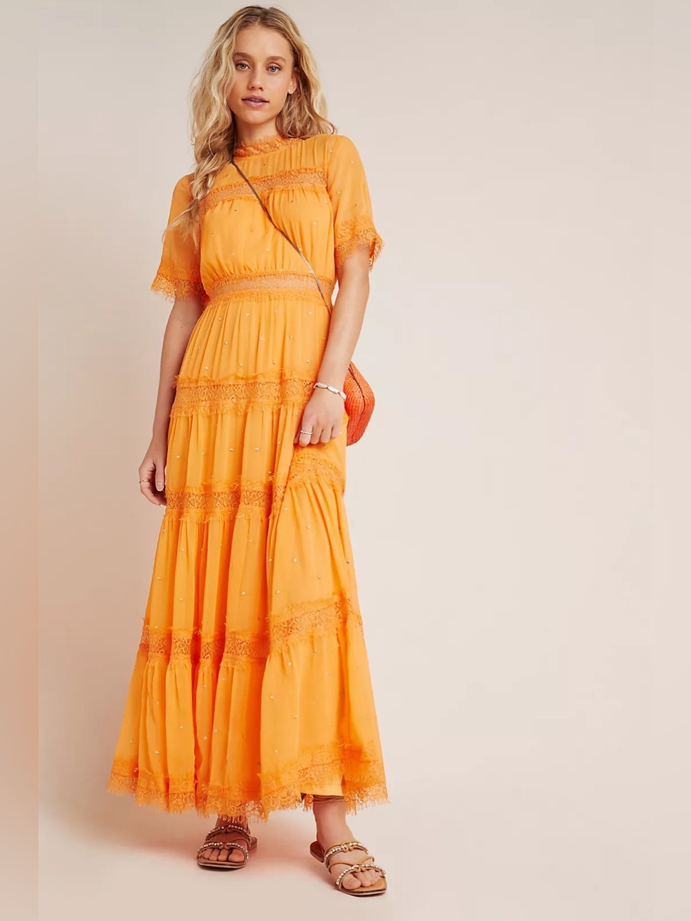New! Ranna Gill Cipriana Tiered Lace Orange Lace-Tier Maxi Dress 🧡 2P
